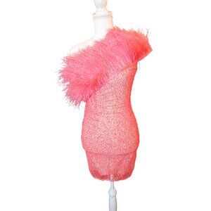 Bronx & Banco Lulu Coral Mini Dress Size 2/XS Polyester & Ostrich Feather, NWT